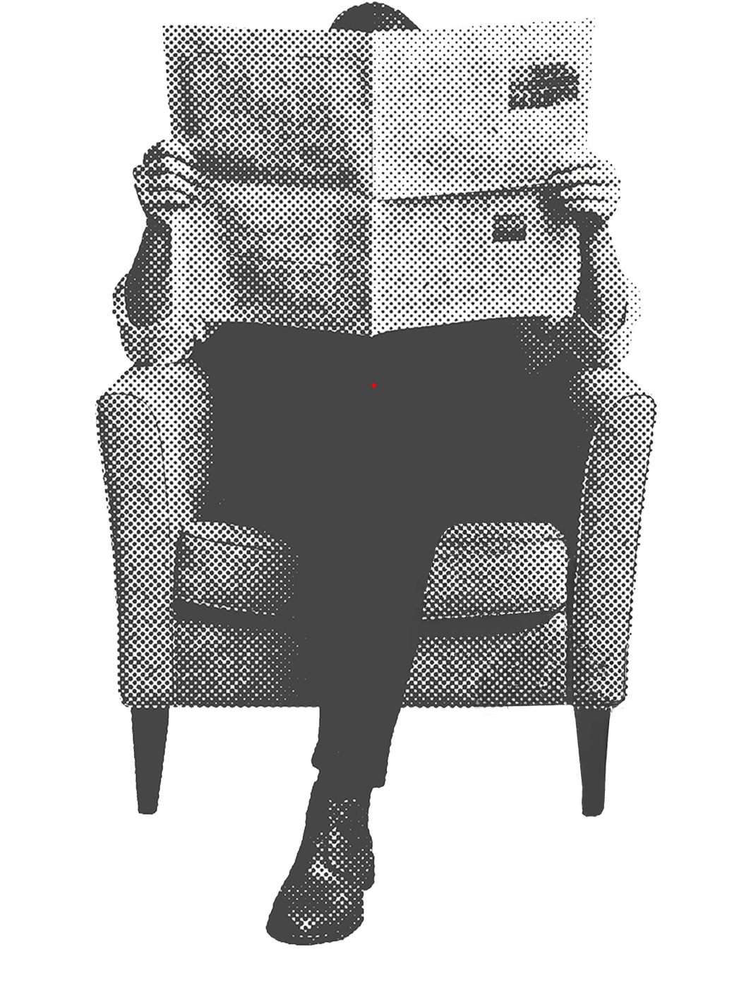 Person reading in chair with missing leg